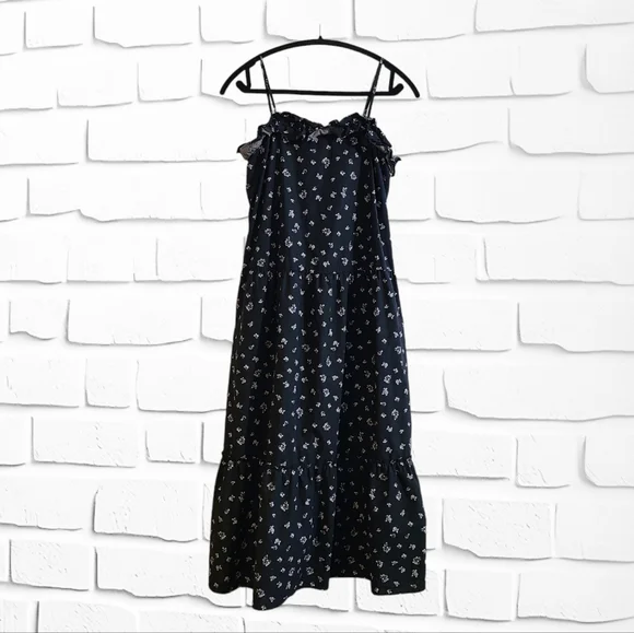 SOLD - Who What Wear Tiered Spaghetti Strap Floral Black Midi Dress with Pockets - Picture 3 of 11